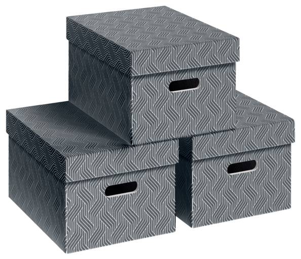 Drei gemusterte graue Aufbewahrungsboxen, übereinander gestapelt, jede mit einer ausgestanzten Grifföffnung.