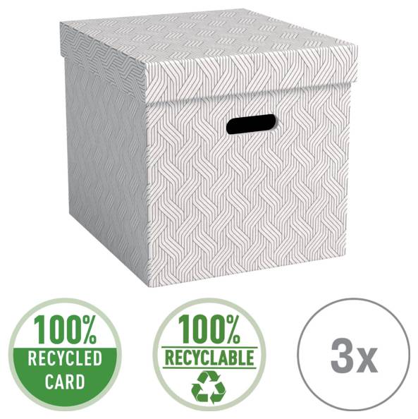 Gemusterte Aufbewahrungsbox mit Deckel und Griffausschnitt, gezeigt mit Abzeichen mit den Aufschriften „100% recycelter Karton