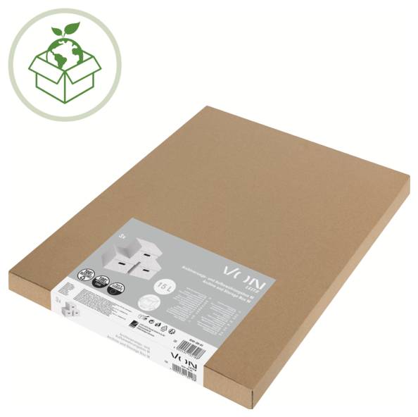Umweltfreundliche Kartonverpackungsbox mit grünem Recycling-Symbol, dargestellt mit einem Produktetikett auf der Vorderseite.