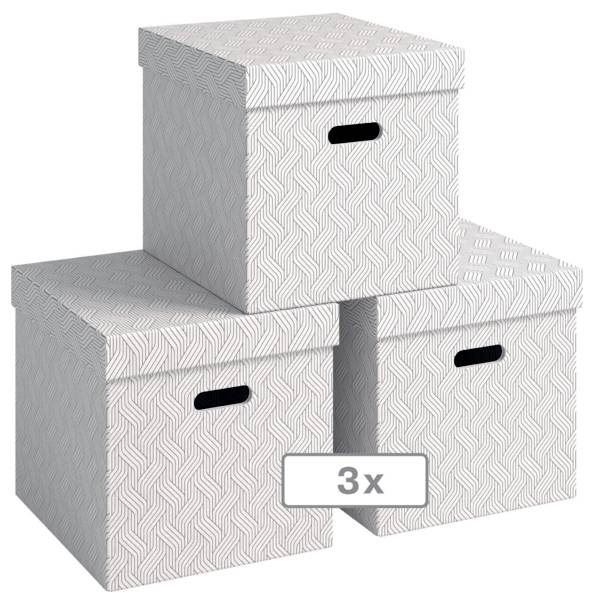 Drei gemusterte Aufbewahrungsboxen gestapelt, mit einem „3x