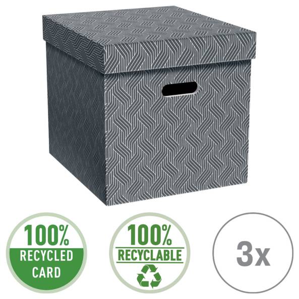 Grau gemusterter Aufbewahrungskarton mit Deckel und Griffaussparung, gezeigt mit Abzeichen mit der Aufschrift „100% RECYCELTER KARTON