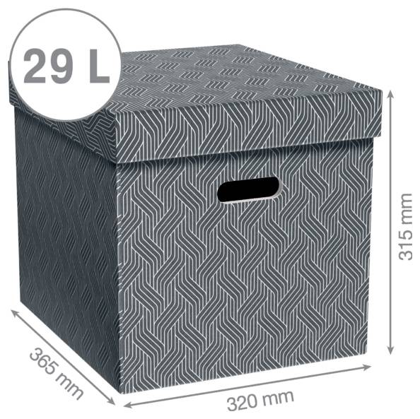 Grauer gemusterter Aufbewahrungsbox mit Deckel und Griffausschnitt, mit Beschriftung 29 L; angegebene Abmessungen sind 320 mm Breite, 365 mm Tiefe, 315 mm Höhe.