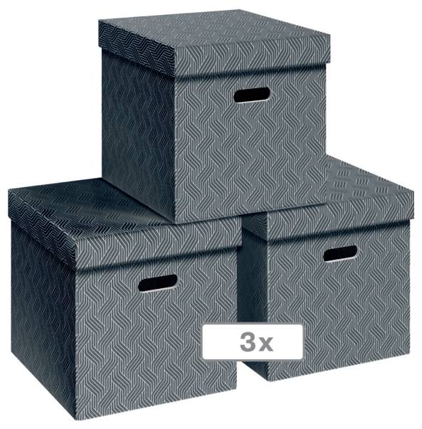 Drei gemusterte graue Aufbewahrungsboxen mit Deckeln, in einer Pyramide gestapelt, gekennzeichnet mit „3x