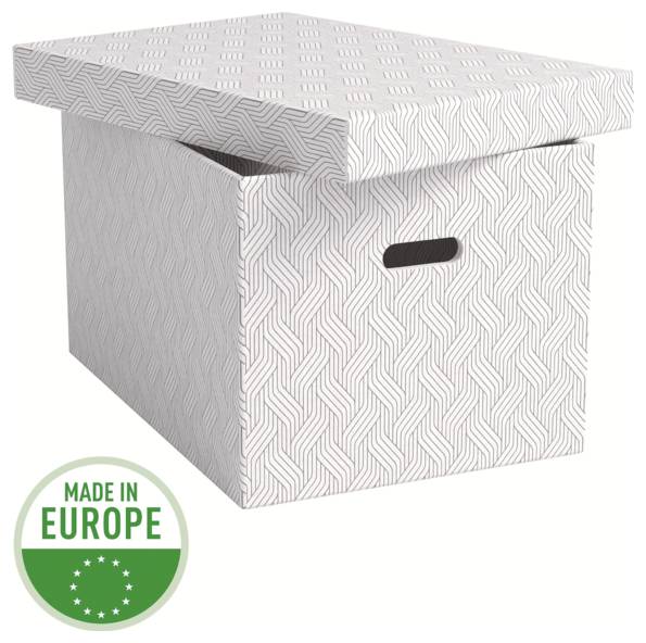 Gemusterter Aufbewahrungsbox mit Deckel und ausgestanzten Griffen, mit dem Etikett „Made in Europe