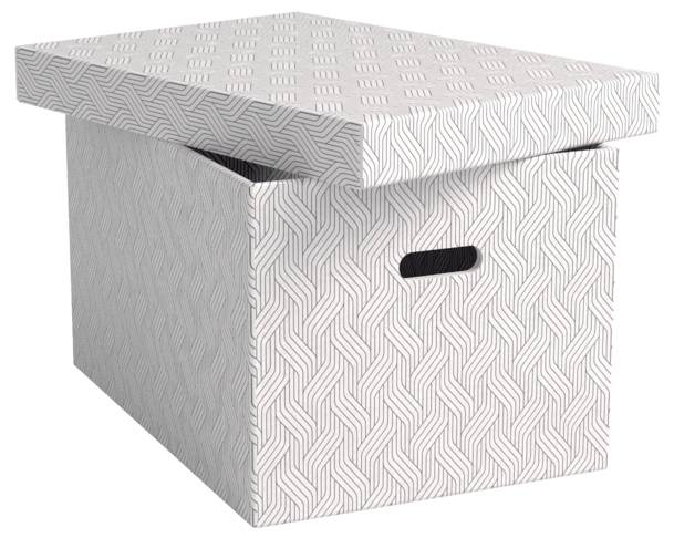 Eine dekorative gemusterte Aufbewahrungsbox mit passendem Deckel und ovalem Griffausschnitt.