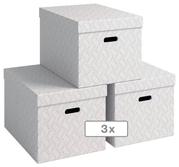 Drei gemusterte Aufbewahrungsboxen gestapelt, mit einem Etikett, das 3x anzeigt.