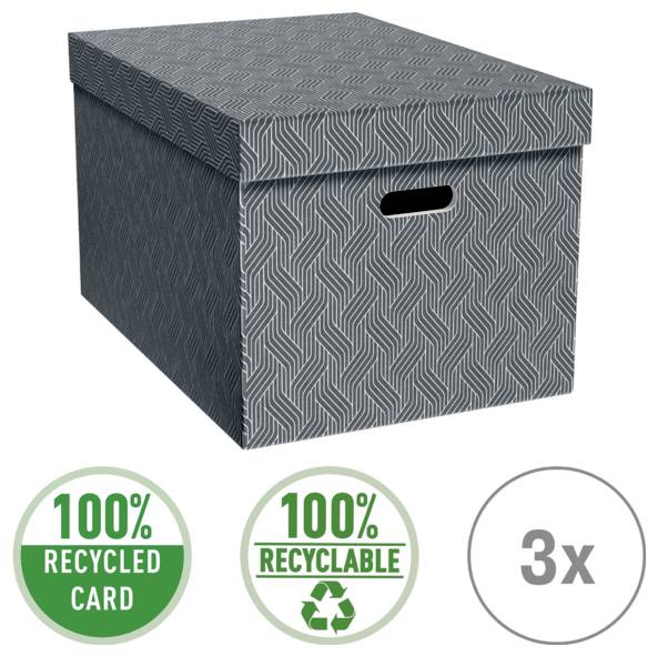 Grauer gemusterter Aufbewahrungskarton mit Deckel und Griff-Aussparung, gezeigt mit Symbolen für 100% recycelten Karton, 100% recycelbar und 3x Stabilität.