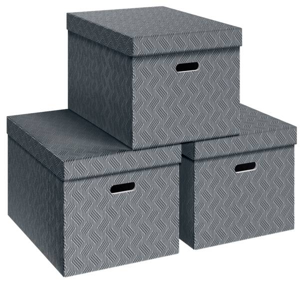 Drei graue Speicherboxen mit Muster und Deckeln, pyramidenförmig gestapelt, jede mit einem Griffschlitz.