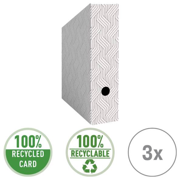 Gemusterte Pappe als 100% recycelter Karton, 100% recycelbar und 3x dargestellt.