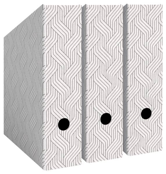 Gemusterter Paravent oder Raumteiler mit geometrischen grau-weißen Paneelen und schwarzen Rundgriffen, in einer Seitenansicht dargestellt.