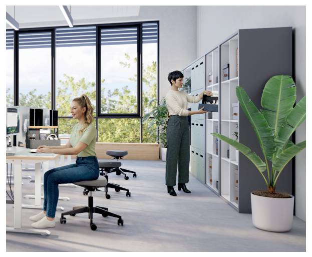 Zwei Frauen in einem hellen, modernen Büro: Eine arbeitet an einem Schreibtisch, die andere entnimmt Dateien aus Aufbewahrungsschränken.