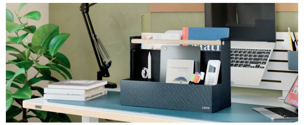 Arbeitsbereich am Schreibtisch mit einem schwarzen Organizer, der Bücher, Haftnotizen und Büromaterial vor einem Laptop und einer Pflanze hält.