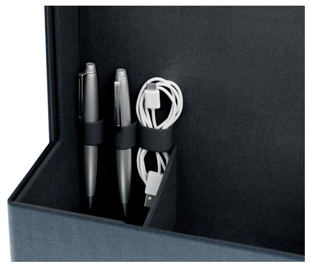 Offenes schwarzes Etui mit zwei silbernen Stiften und einem aufgerollten weißen Ladekabel in elastischen Schlaufen.