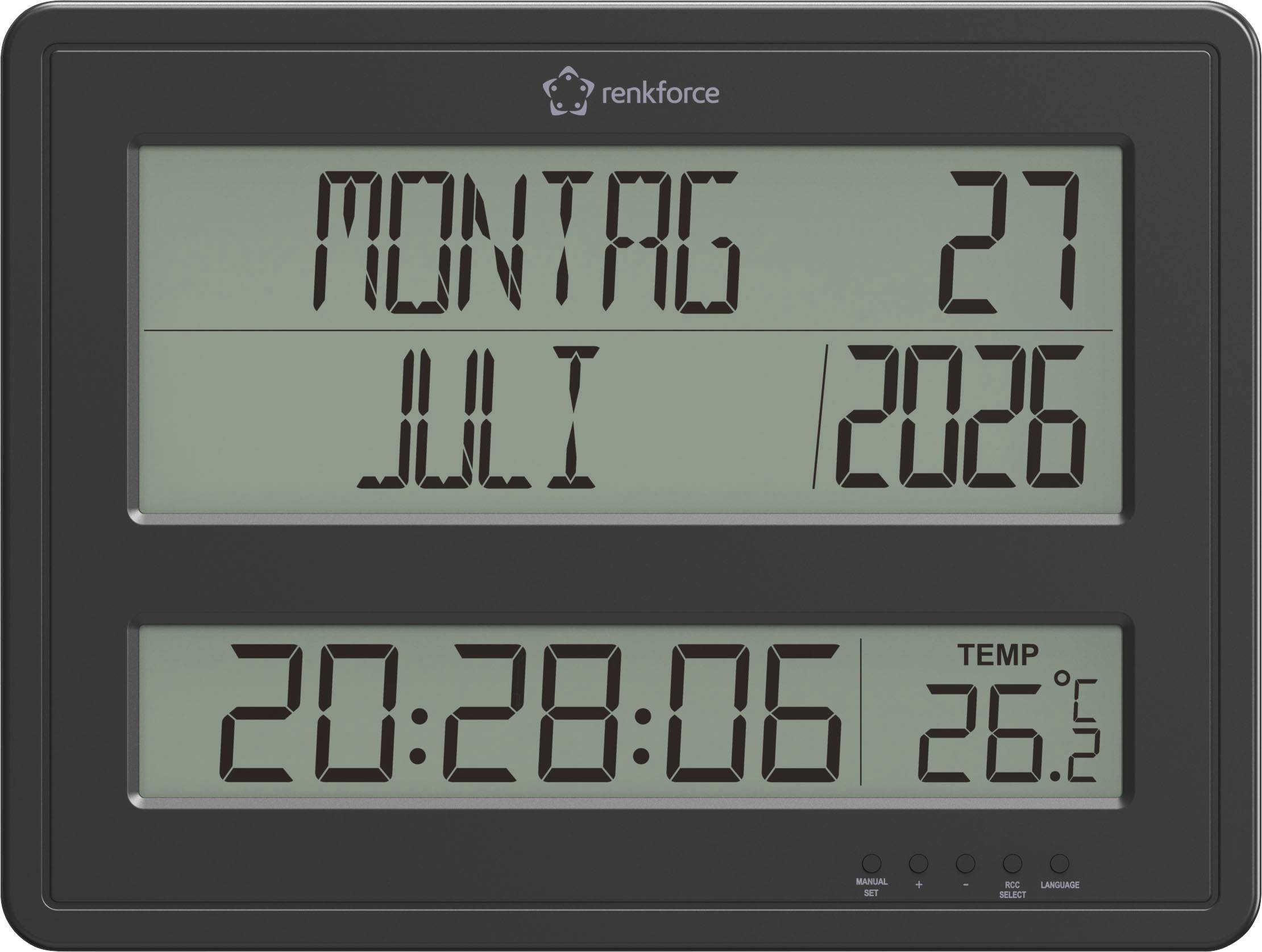 Digitale Wanduhr zeigt Montag, 27. Juli, 20:28:06 und Temperatur 26,5°C.
