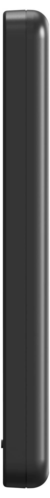 Seitenansicht eines schwarzen Smartphones, das seine schlanke abgerundete Kante und die strukturierte Seitentaste zeigt.