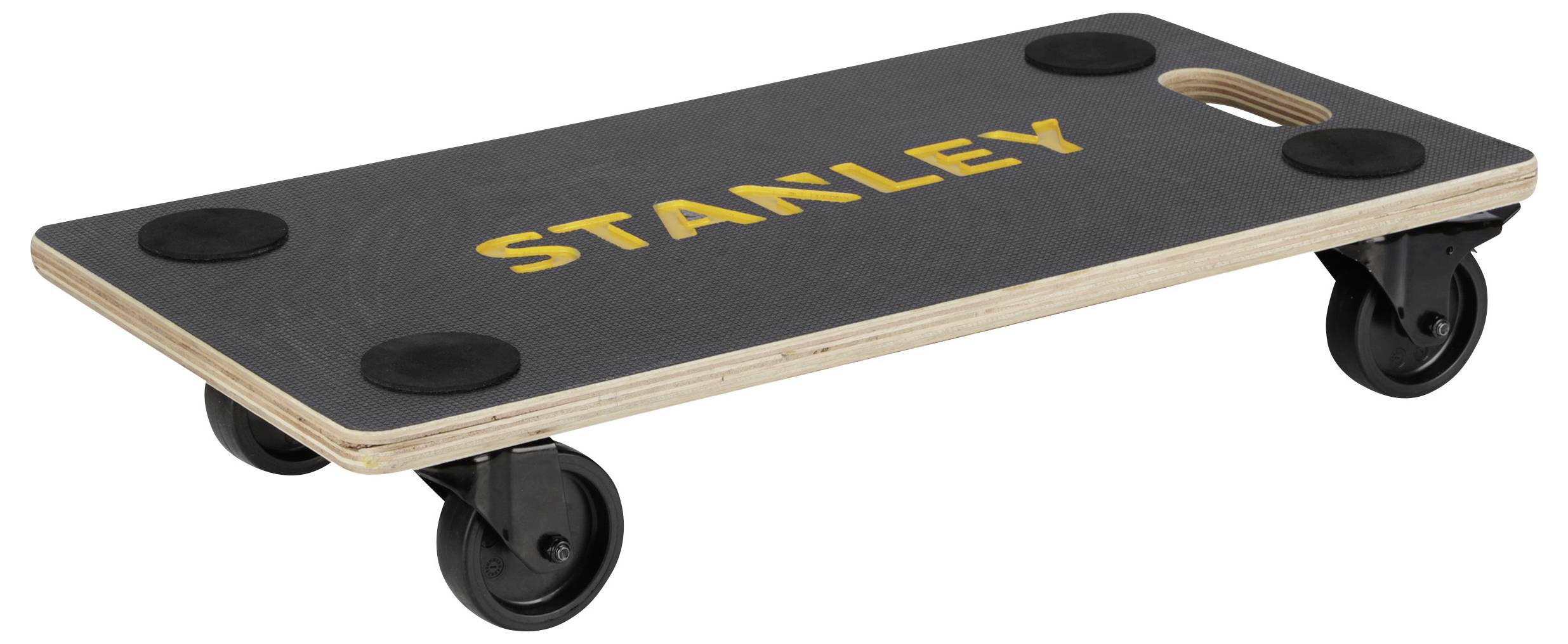 Ein niedriges Holz-Skateboard-ähnliches Transportfahrzeug mit vier schwarzen Rollen und der Aufschrift „STANLEY