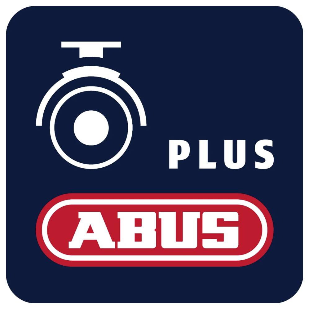 ABUS Plus Logo auf einem dunkelblauem Quadrat, mit einem weißen Schloss-Symbol und dem Wort „PLUS
