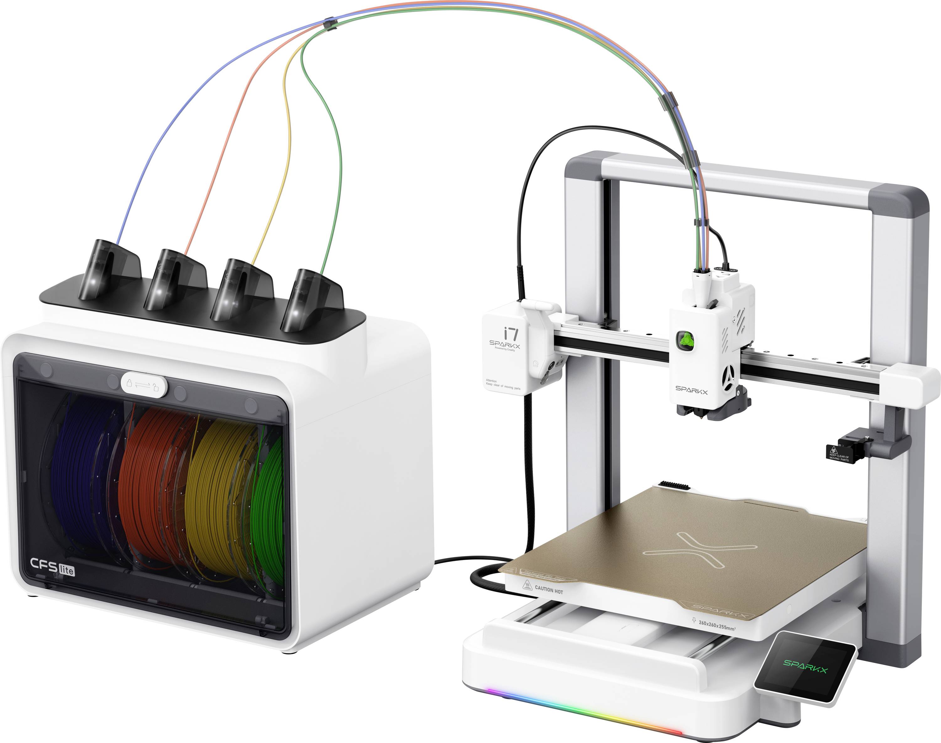 Mehrfarbiger 3D-Drucker mit Filamentantrieb und Druckkopf, der auf einer quadratischen Druckplattform druckt.