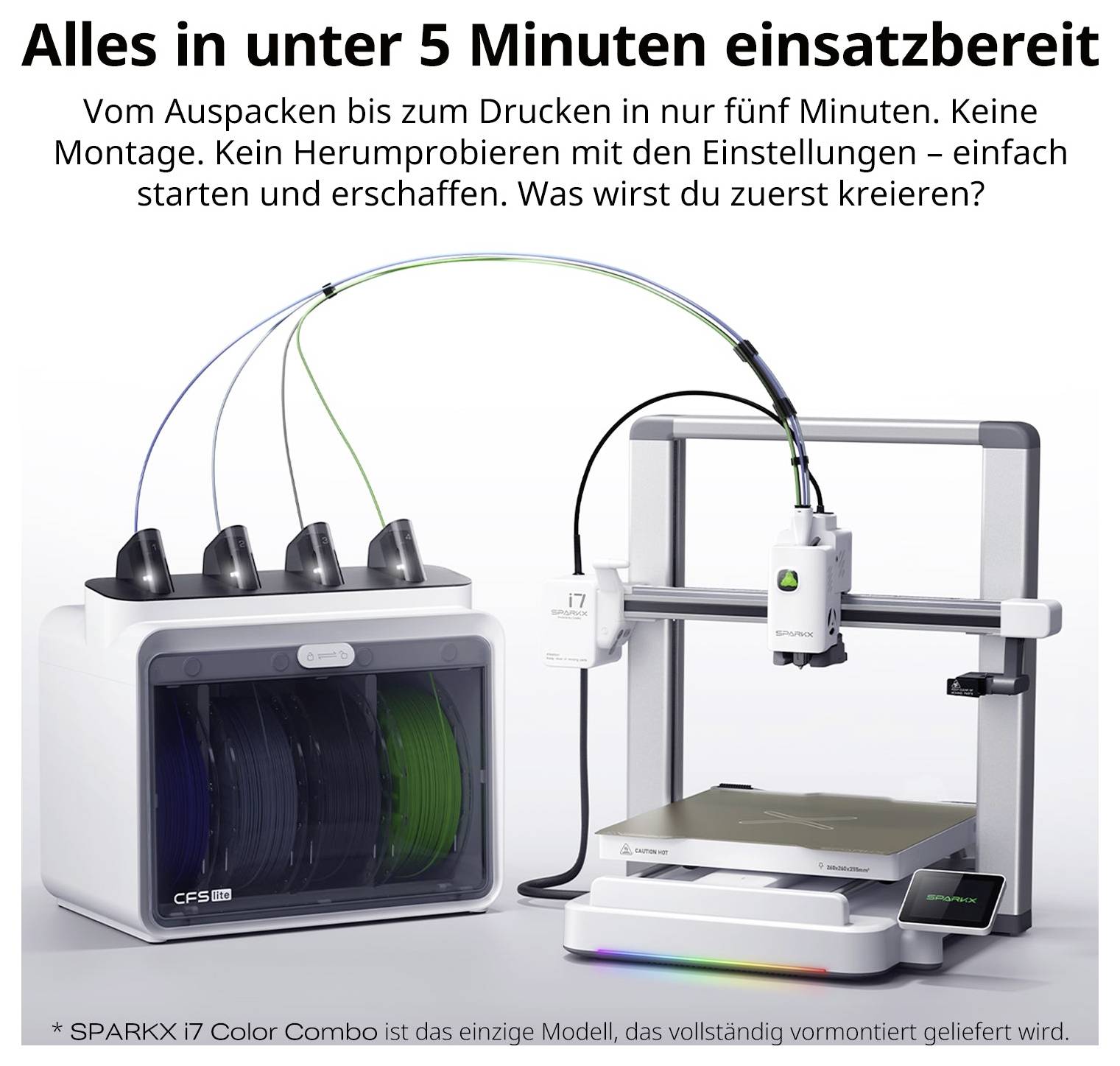Werbung für einen vormontierten 3D-Drucker mit Farbmodul; Text betont Einsatzbereitschaft in unter 5 Minuten ohne Montage.