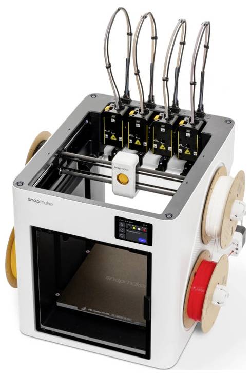 Kompakter 3D-Drucker mit offener Oberseite, vier Druckköpfen und Filamentrollen, die an den Seiten montiert sind.