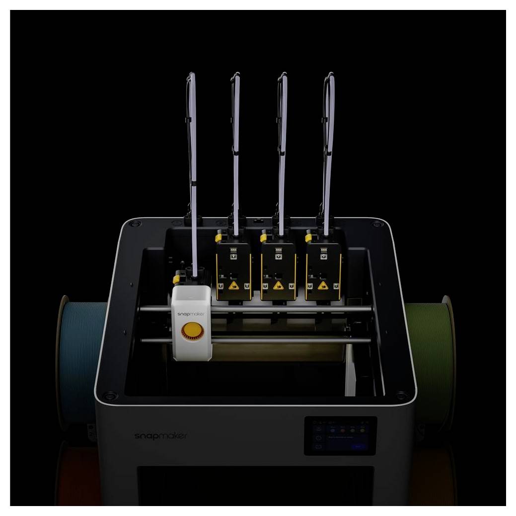 Industrialdrucker oder -schneidemaschine mit vier aufrechten antennenähnlichen Modulen und einem Bedienfeld, dargestellt vor schwarzem Hintergrund.