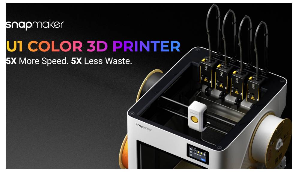 Snapmaker 'U1 COLOR 3D DRUCKER' Werbung mit einem 3D-Drucker und dem Anspruch '5X mehr Geschwindigkeit. 5X weniger Abfall.'