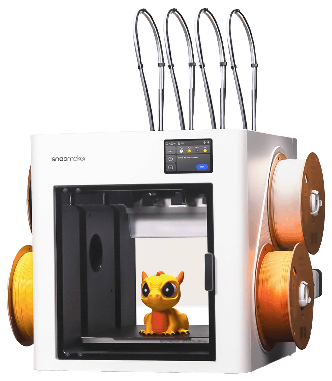 Ein 3D-Drucker mit vier Filamentrollen druckt eine kleine orangefarbene Figur in seiner offenen Druckkammer.