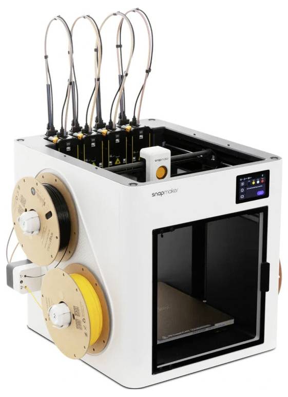 Ein weißer Snapmaker 3D-Drucker mit vier auf der Seite montierten Filamentspulen und einem Touchscreen-Bedienfeld auf der Vorderseite.