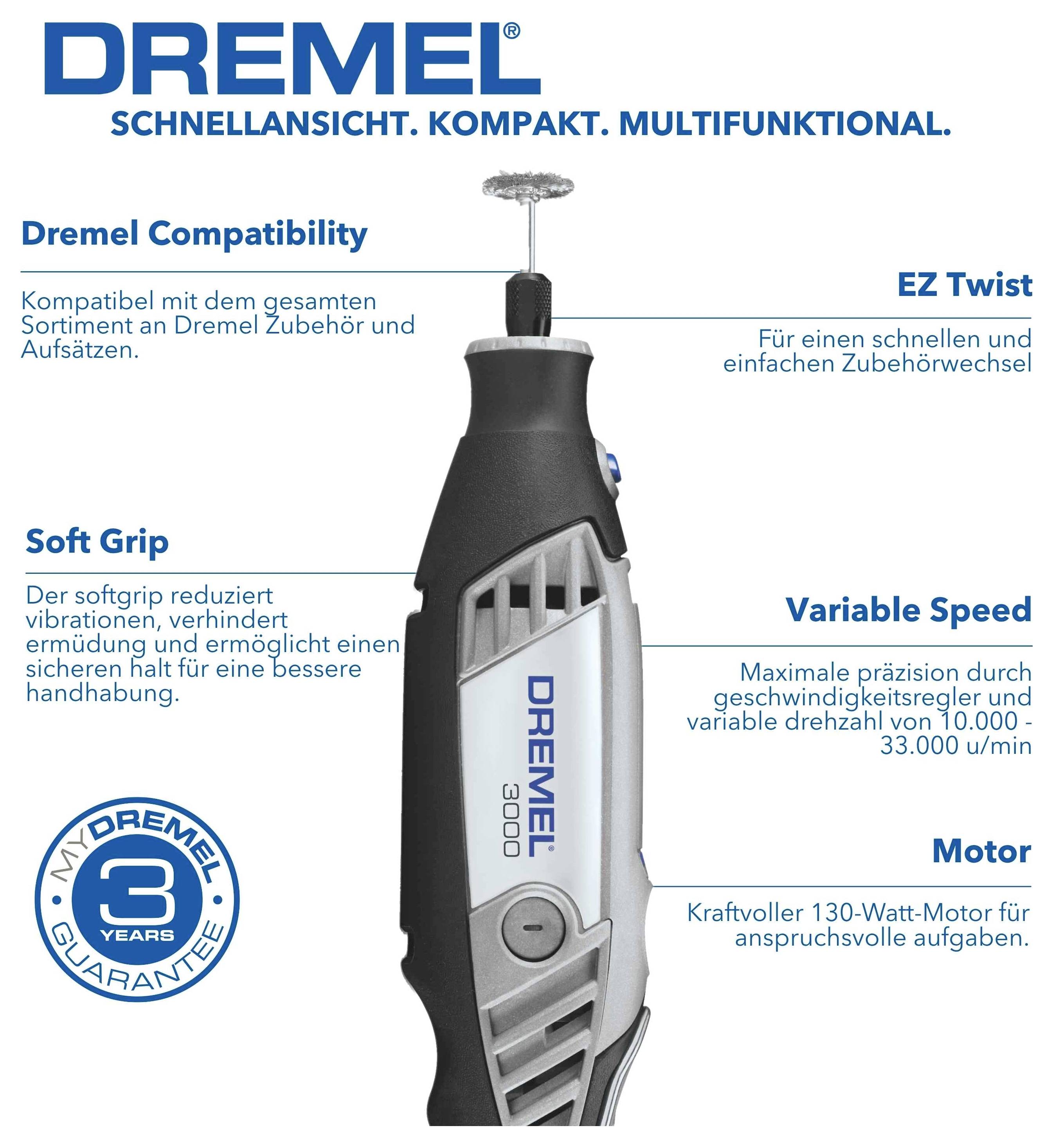 Dremel 3000 Rotationswerkzeug mit Beschriftungen für Dremel-Kompatibilität, EZ Twist Zubehörwechsel, Soft-Grip, variable Geschwindigkeit und 130-Watt-Motor.