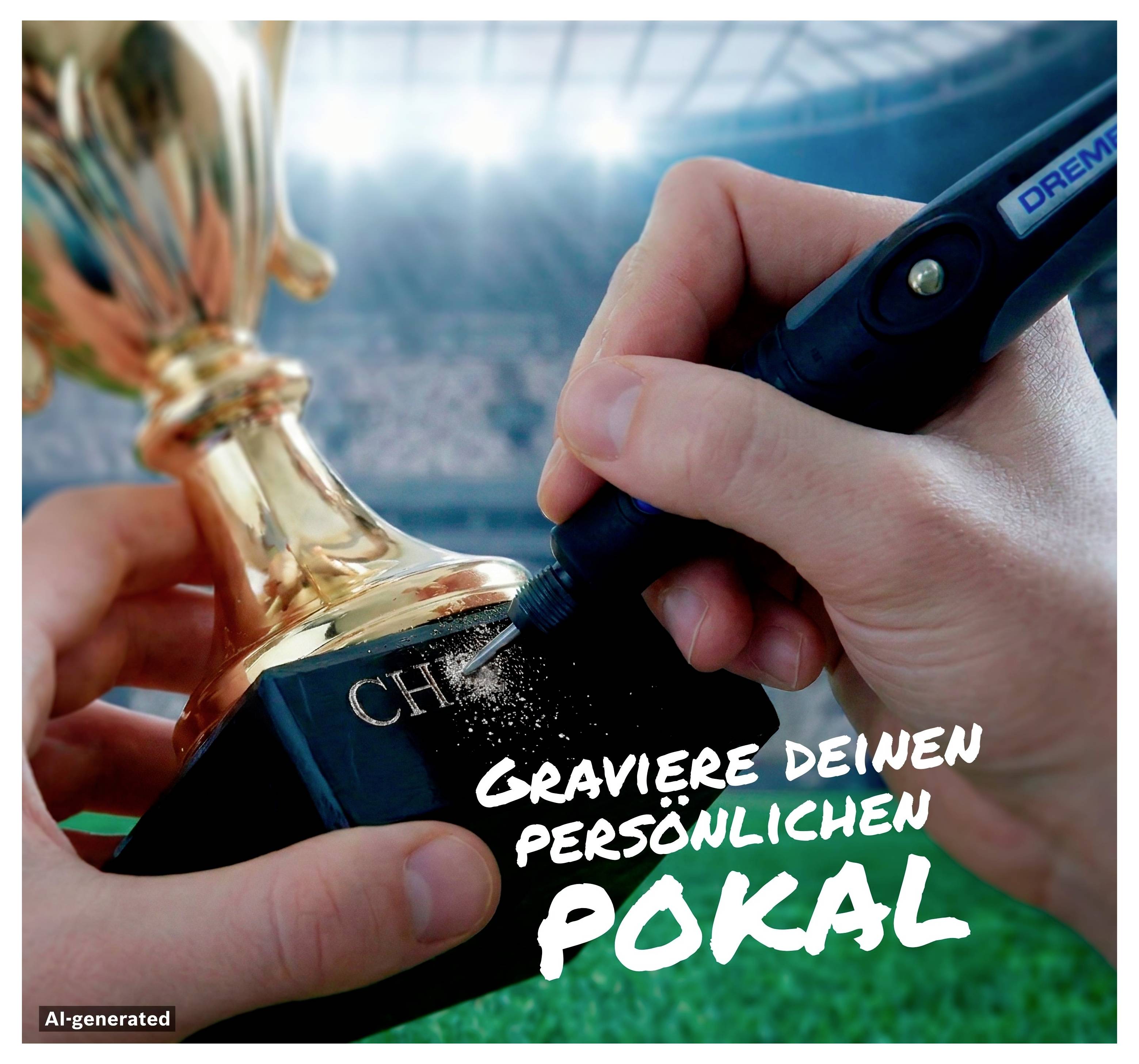 Hände gravieren eine Pokal-Plakette mit einem Dremel-Werkzeug; der Text sagt „Graviere deinen persönlichen Pokal