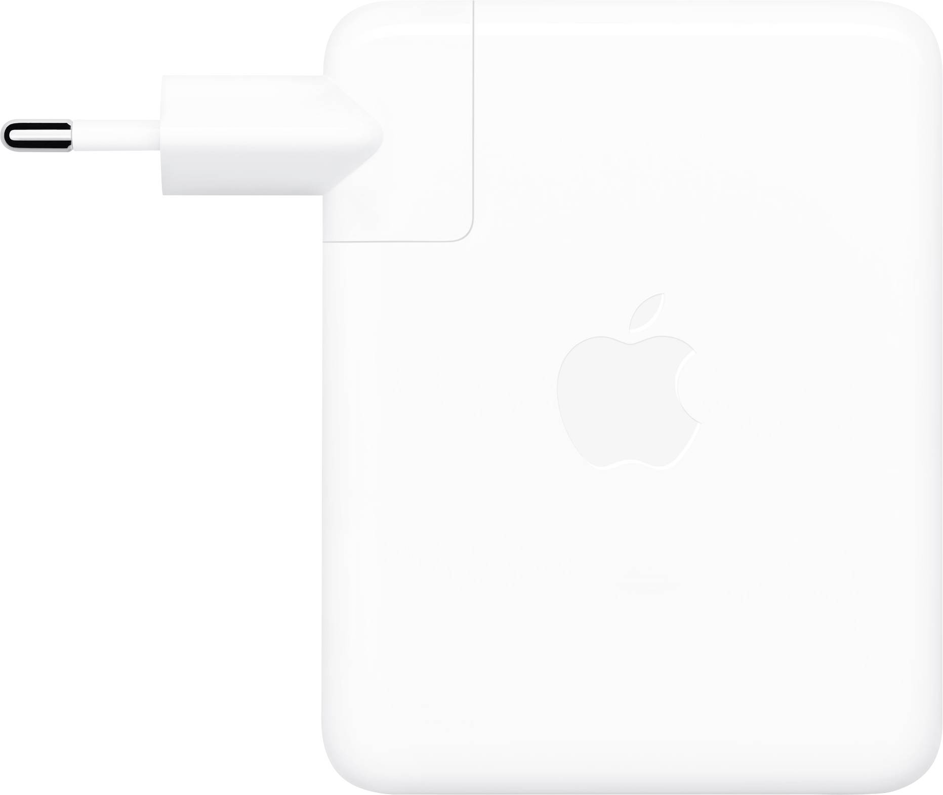 Weißer Apple-Stromadapter mit angeschlossenem Stecker auf einfachem Hintergrund.