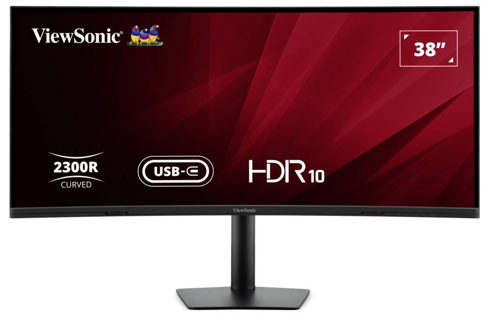 ViewSonic 38-Zoll-Curved-Monitor mit USB-C und HDR10, auf einem Ständer vor weißem Hintergrund dargestellt.