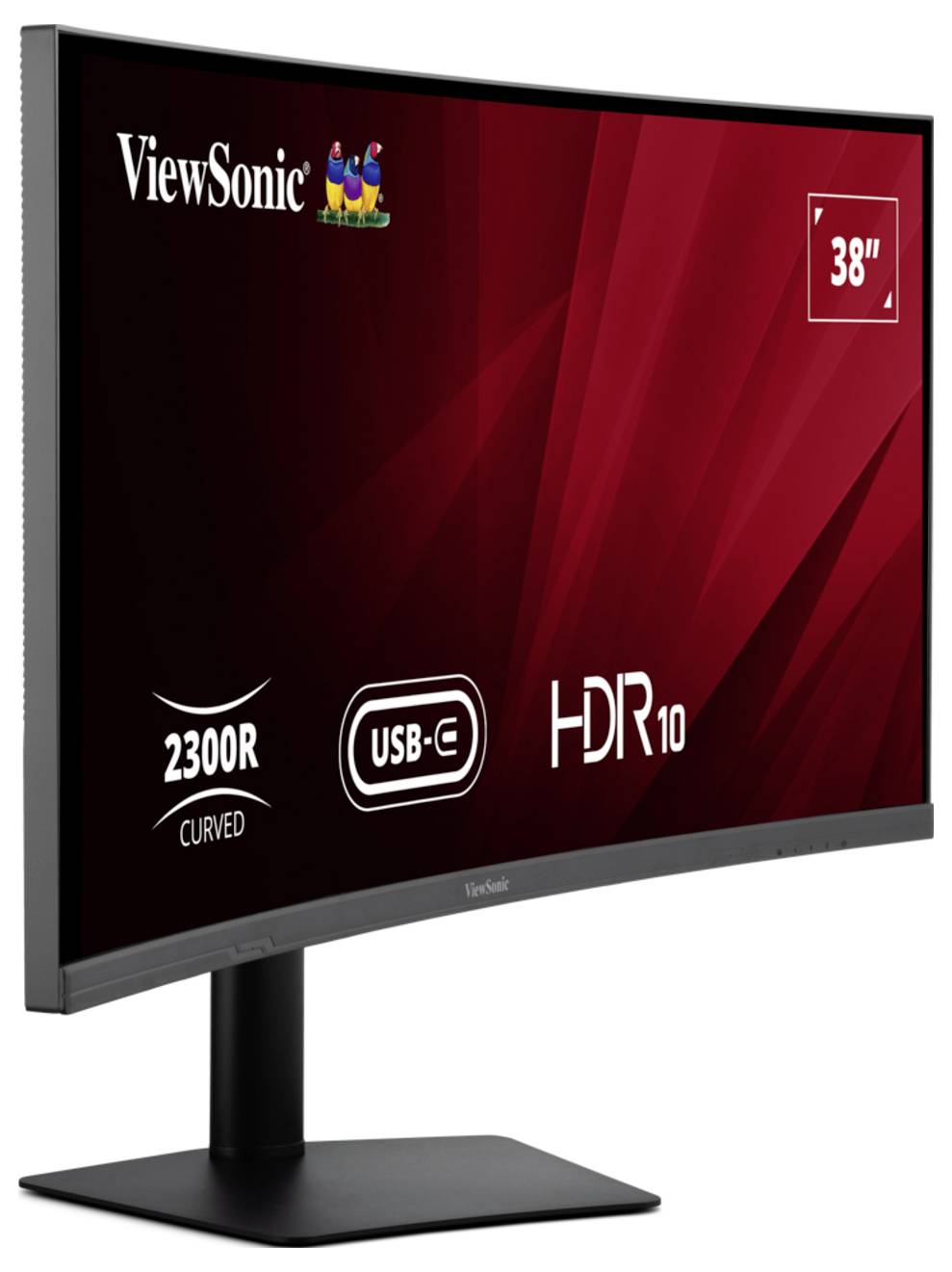 ViewSonic curved 38-Zoll-Monitor auf einem Ständer, mit Beschriftungen für 2300R-Krümmung, USB-C und HDR10.