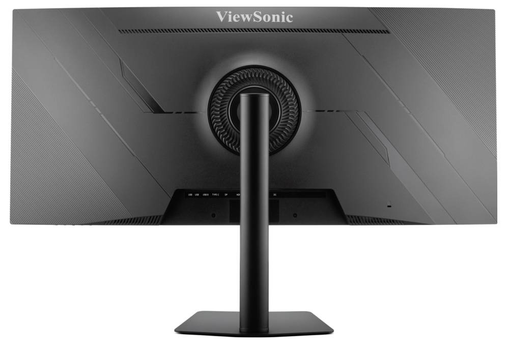 Rückansicht eines ViewSonic-Computermonitors auf einem Ständer mit Rückseite und zentralem Kabelmanagement-Bereich.