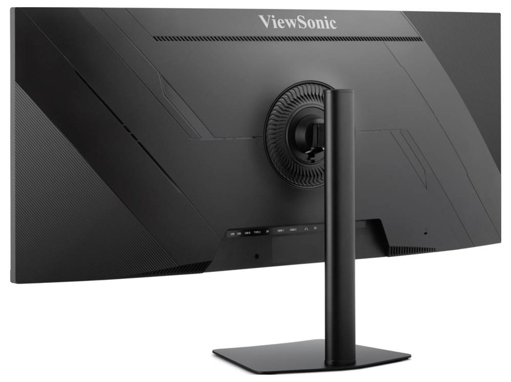 Rückansicht eines ViewSonic-Monitors auf einem Ständer, zeigt das Bedienfeld und die zentrale Halterung