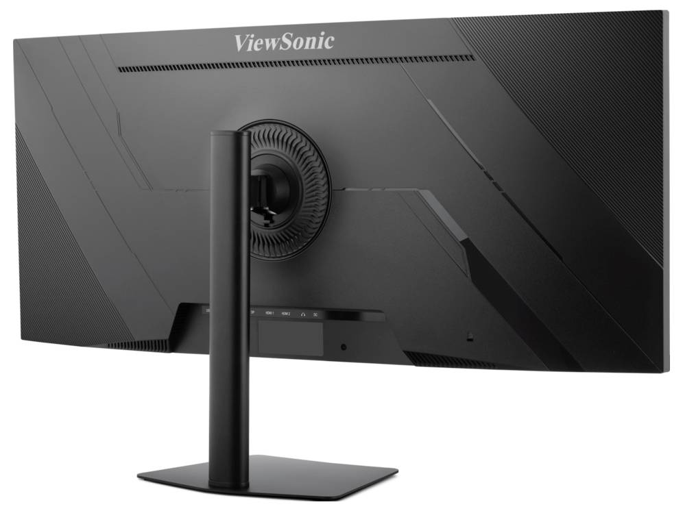 Rückansicht eines ViewSonic-Desktopmonitors auf einem schwarzen Ständer, der die zentrale Halterung und das Belüftungsmuster zeigt.