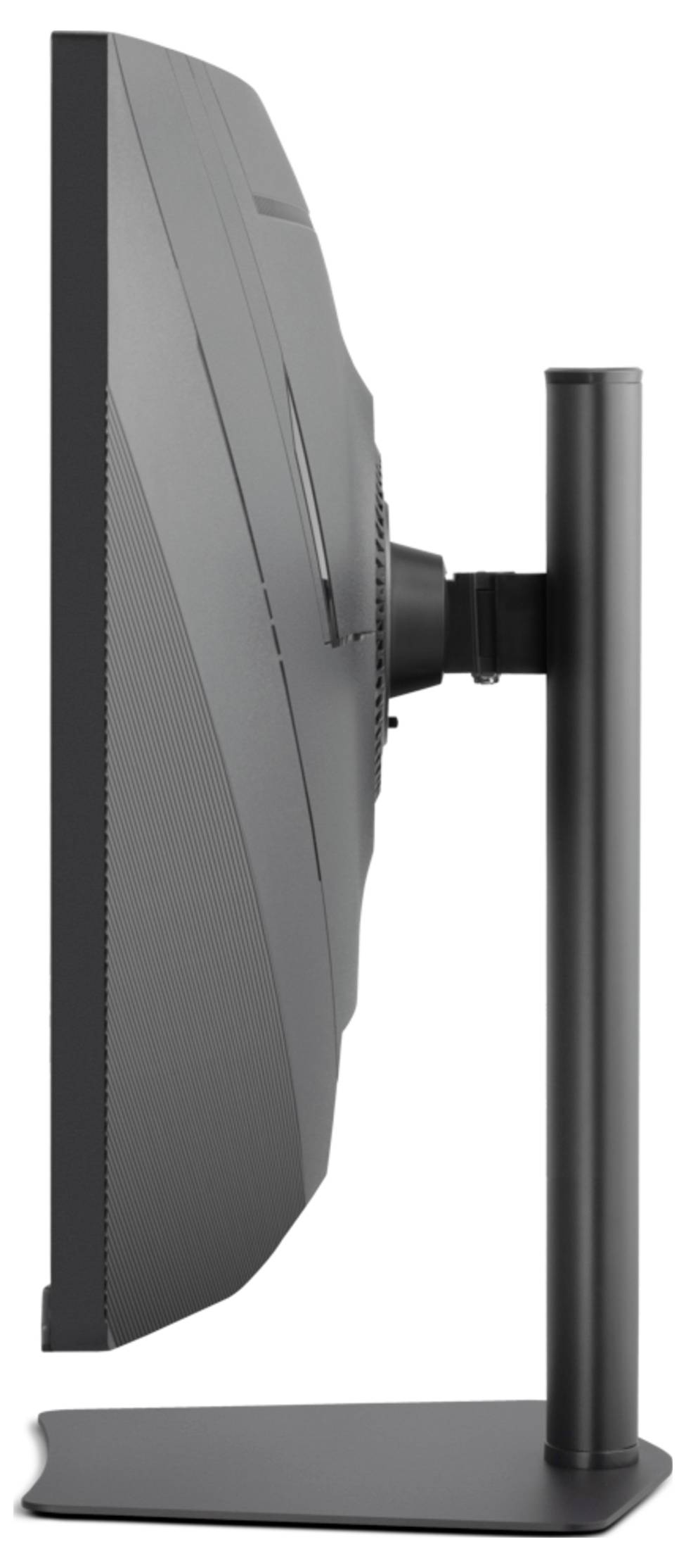 Seitenansicht eines gekrümmten Computermonitors auf einem schwarzen Ständer, wobei das Display vertikal angebracht ist.