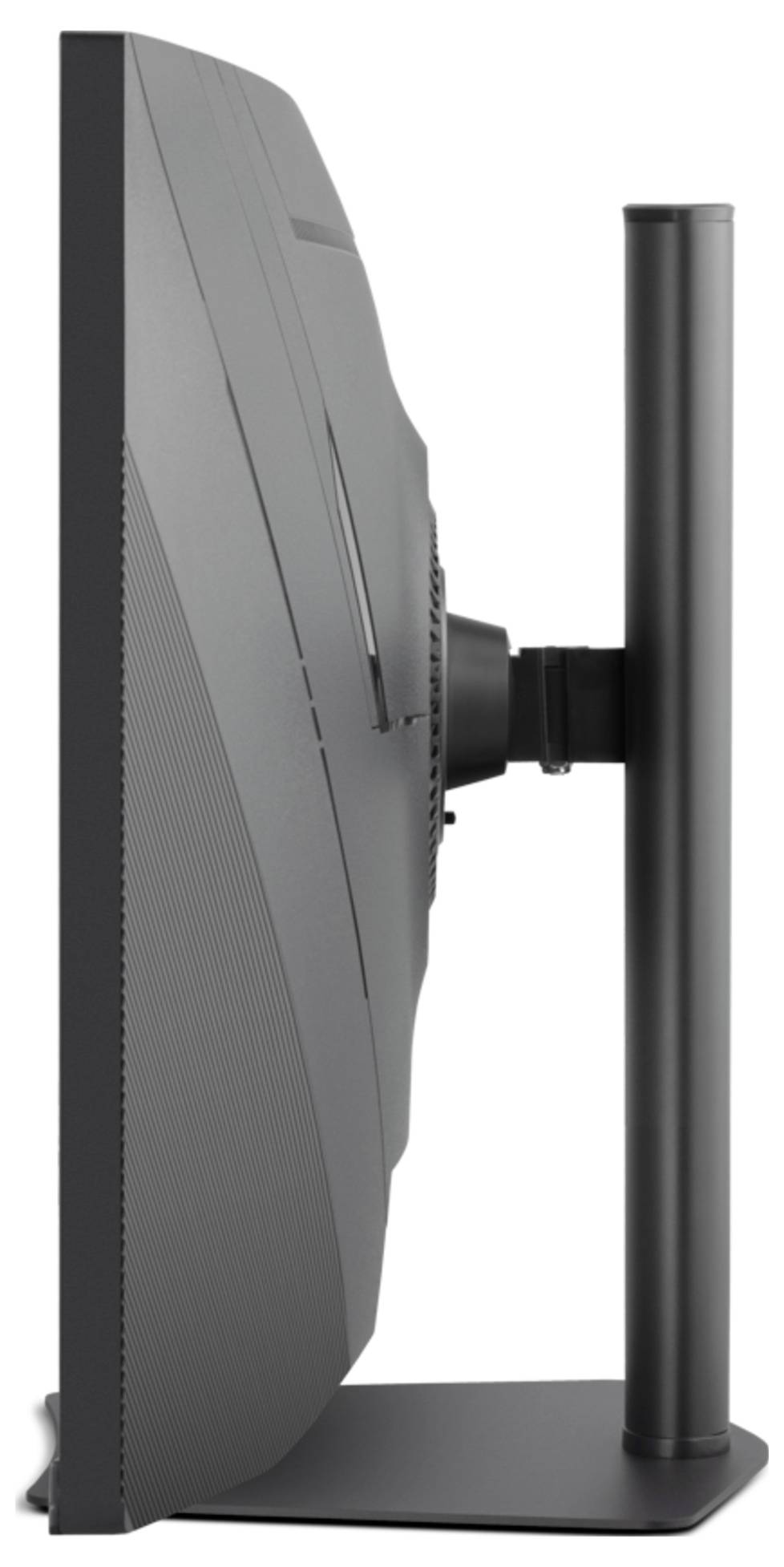 Seitenansicht eines gekrümmten Computermonitors, der auf einem vertikalen Ständer mit rechteckiger Basis montiert ist.