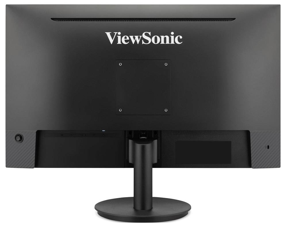 Rückansicht eines ViewSonic-Computermonitors auf einem Ständer, die den VESA-Montagebereich und den Kabelmanagement-Anschluss zeigt.