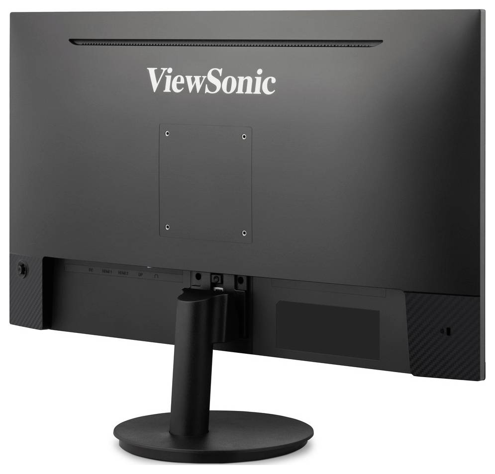 Rückansicht eines schwarzen ViewSonic-Computermonitors auf einem Ständer, auf der das Markenlogo und der Montagebereich sichtbar sind.