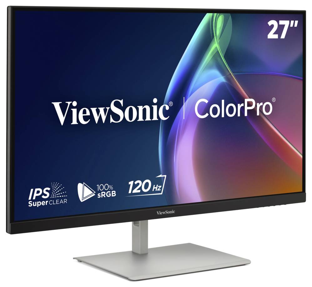 ViewSonic ColorPro 27-Zoll-Monitor auf einem Ständer, mit den Beschriftungen IPS SuperClear, 100% sRGB und 120 Hz auf dem Bildschirm.