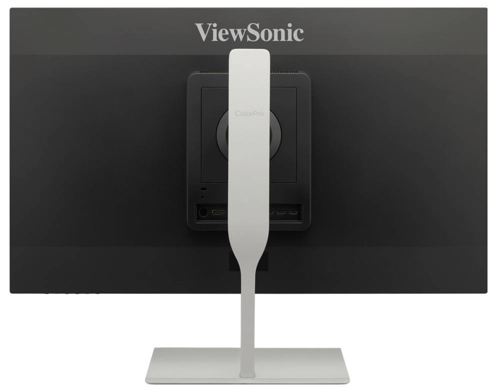 Rückansicht eines ViewSonic-Monitors mit einem zentralen silbernen Ständer und einer Basis auf weißem Hintergrund.