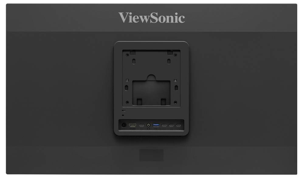 Rückseite eines ViewSonic-Monitors mit einer zentrierten VESA-Halterung, einer Reihe von Eingabeanschlüssen und dem ViewSonic-Logo oben.