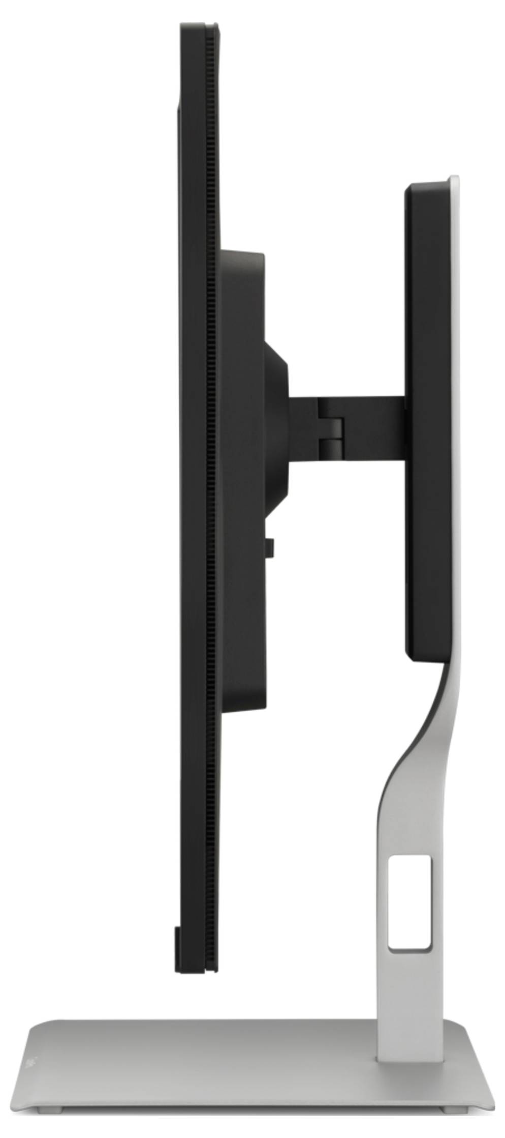 Seitenansicht eines Computermonitors auf einem silbernen Ständer, der das Bildschirmpanel, den verstellbaren Arm und die rechteckige Basis zeigt.