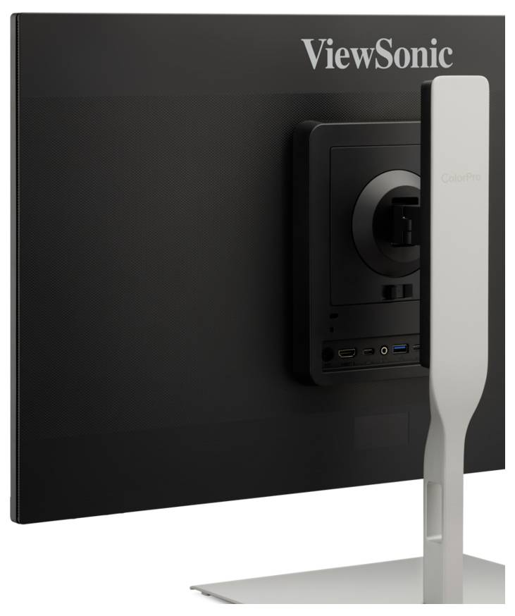 Rückansicht eines ViewSonic ColorPro Monitors mit Ständer und hinterer Eingabeleiste mit Anschlüssen und Halterung.