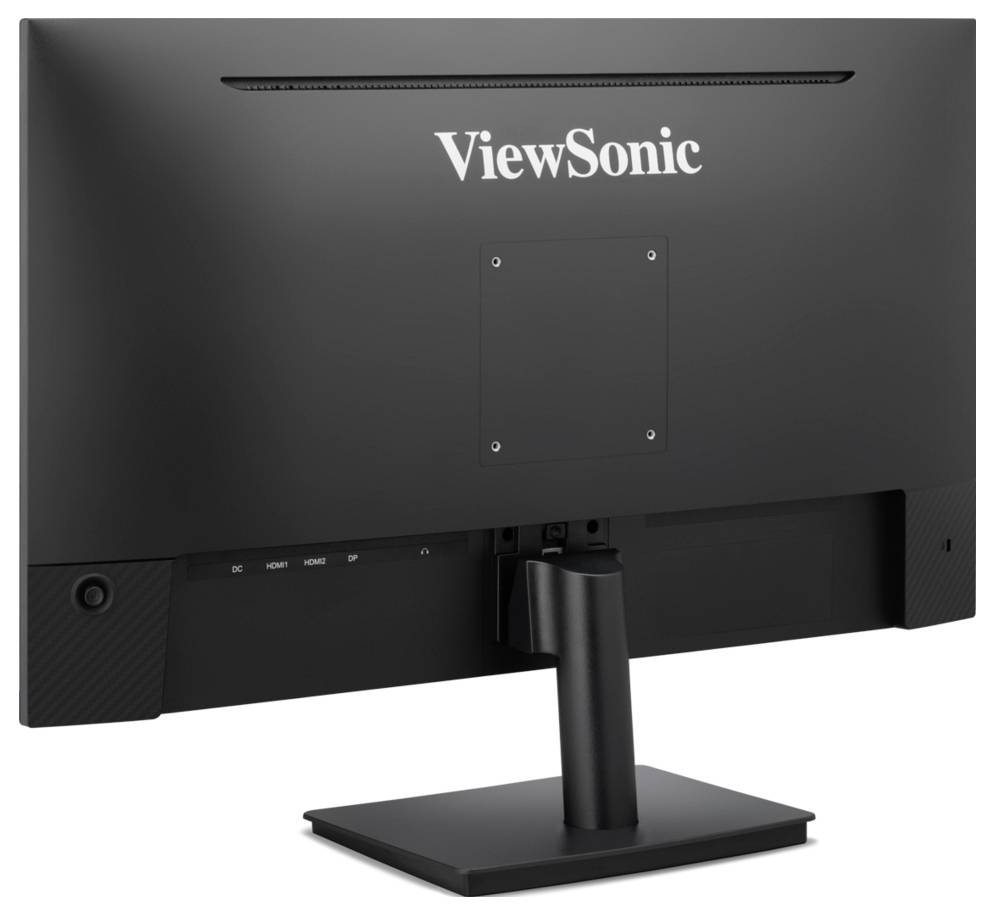 Rückansicht eines ViewSonic-Monitors auf einem Ständer, die das Logo, die VESA-Befestigungsplatte und die Kabelanschlüsse zeigen.