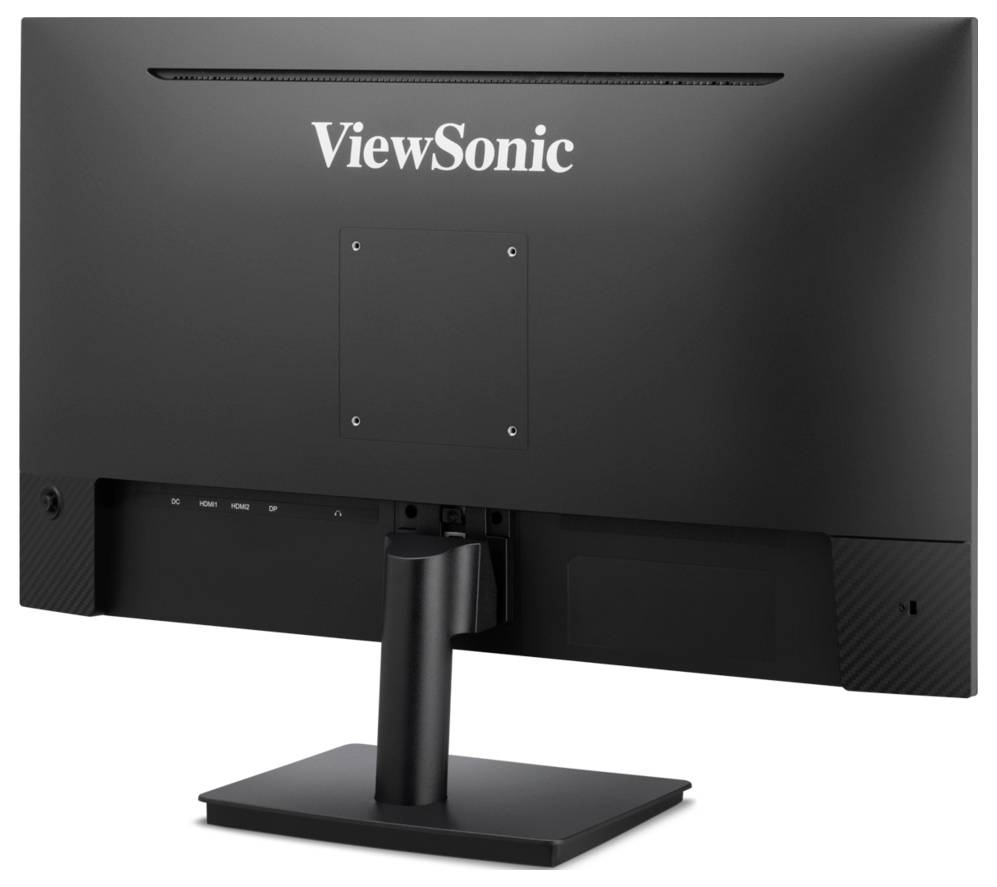 Rückansicht eines schwarzen ViewSonic-Monitors auf einem Ständer, die die Rückseite und die Kabelanschlüsse zeigt.