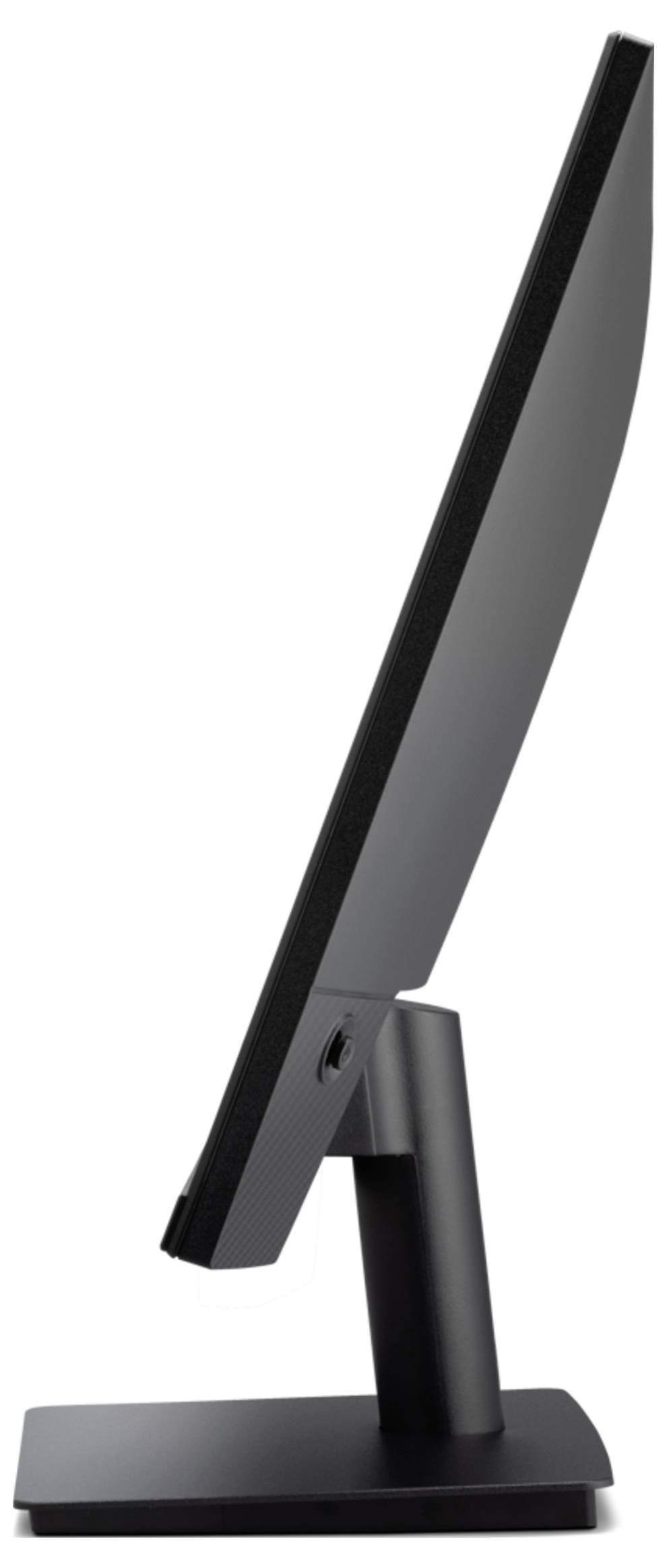 Seitenansicht eines schwarzen Computermonitors auf einem rechteckigen Ständer, das den Bildschirm, den abgewinkelten Stützarm und die Basis zeigt.