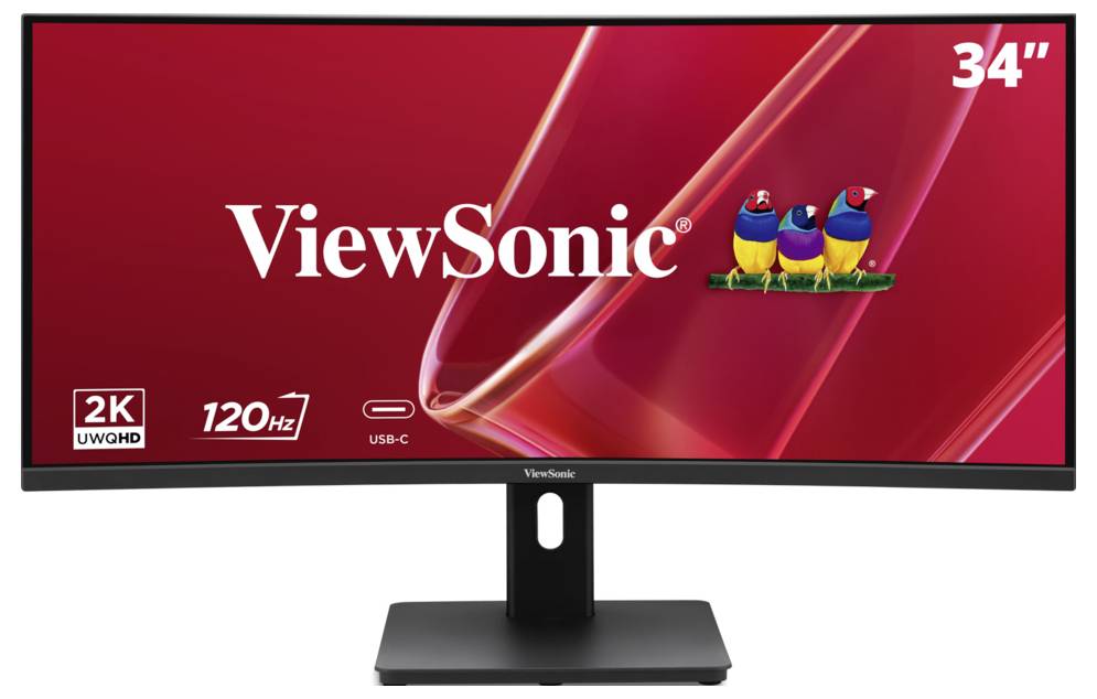 ViewSonic 34-Zoll-Ultrawide-Monitor auf einem Ständer, der einen roten Promotionsbildschirm mit den Symbolen „2K UWQHD