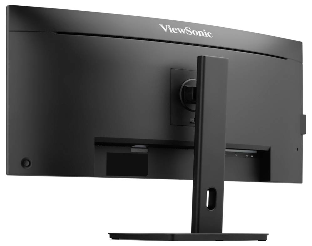 Rückansicht eines gebogenen ViewSonic-Monitors auf einem Ständer, der die hintere Halterung und die Kabelöffnung zeigt.